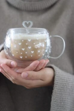 Round Double Wall Glass Mug β Multi Heart/White