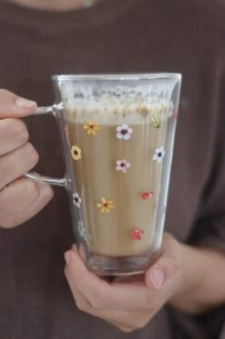Double Wall Glass Latte Mug – Colourful Flowers