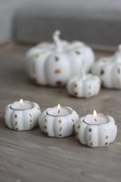 Set Of 3 Pumpkin Tea Light Holders – White Floral
