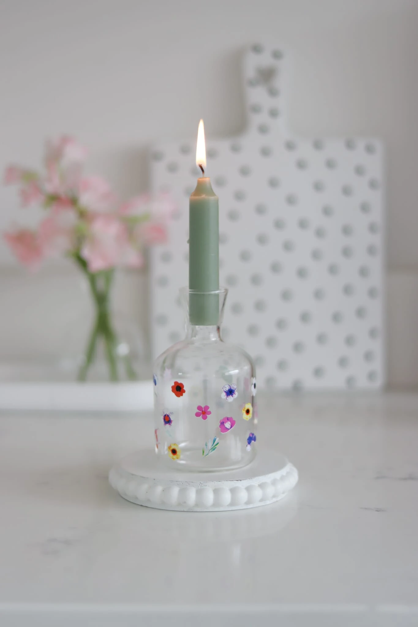 Glass Candlestick Holder – Colourful Floral 2 Glass Candlestick Holder – Colourful Floral - Image 2