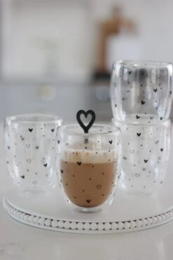 Set Of 4 Double Wall Glasses – Hearts & Dots/Black