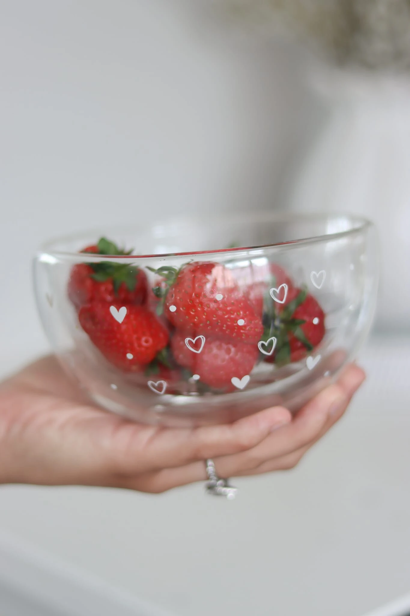 Double Wall Glass Bowl – White/Hearts Dots 2 Double Wall Glass Bowl – White/Hearts Dots - Image 2