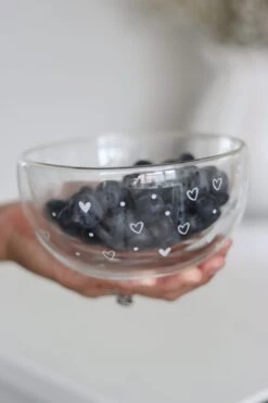 Double Wall Glass Bowl – White/Hearts Dots