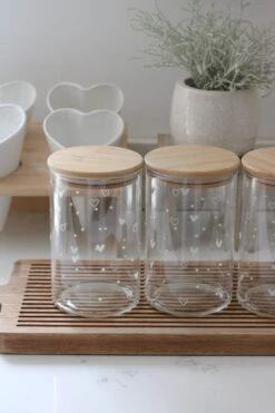 Set 3 Bamboo Storage Jars – Hearts&Dots Natural Lid 1000ml