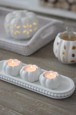 Set Of 3 Ceramic Pumpkin Tea Light Holders – White