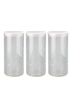 Set 3 Glass Bamboo Jars – Hearts&dots /White Lid 1400ml