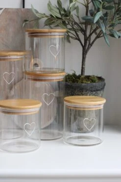 Set 3 Bamboo Storage Jars -Single Heart Natural Lid 1000ml