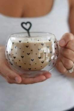 Round Double Wall Glass Mug β Multi Heart/Black