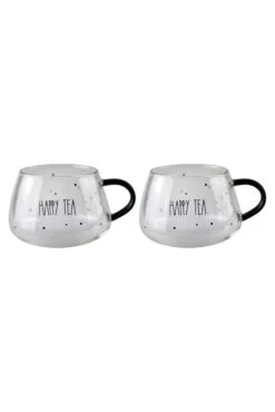 Set Of 2 Short Glass Mugs – Black Handled/Happy Tea