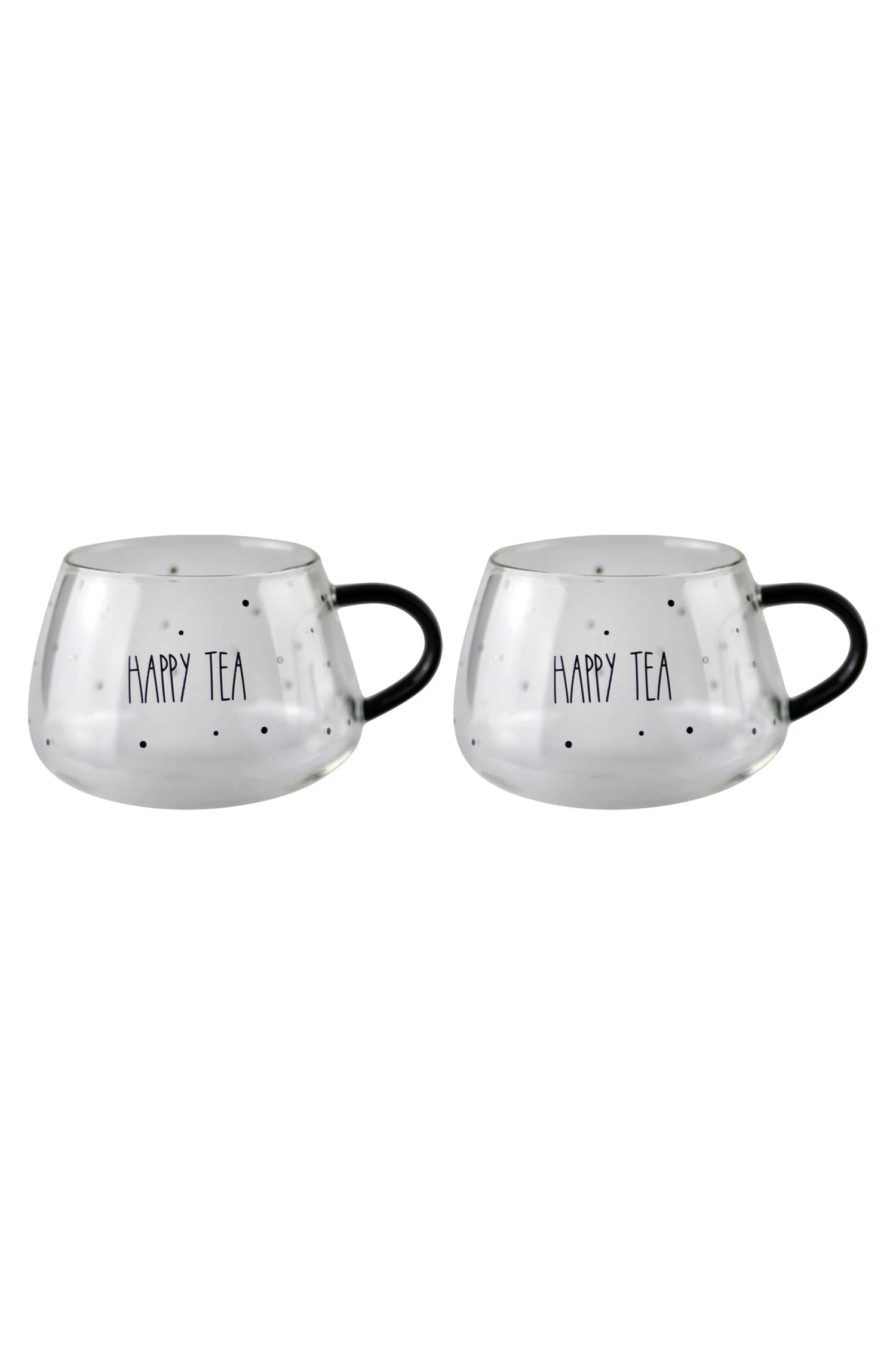 Set Of 2 Short Glass Mugs – Black Handled/Happy Tea 1 Set Of 2 Short Glass Mugs – Black Handled/Happy Tea