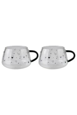 Set Of 2 Short Glass Mugs – Black Handled/Hearts & Dots
