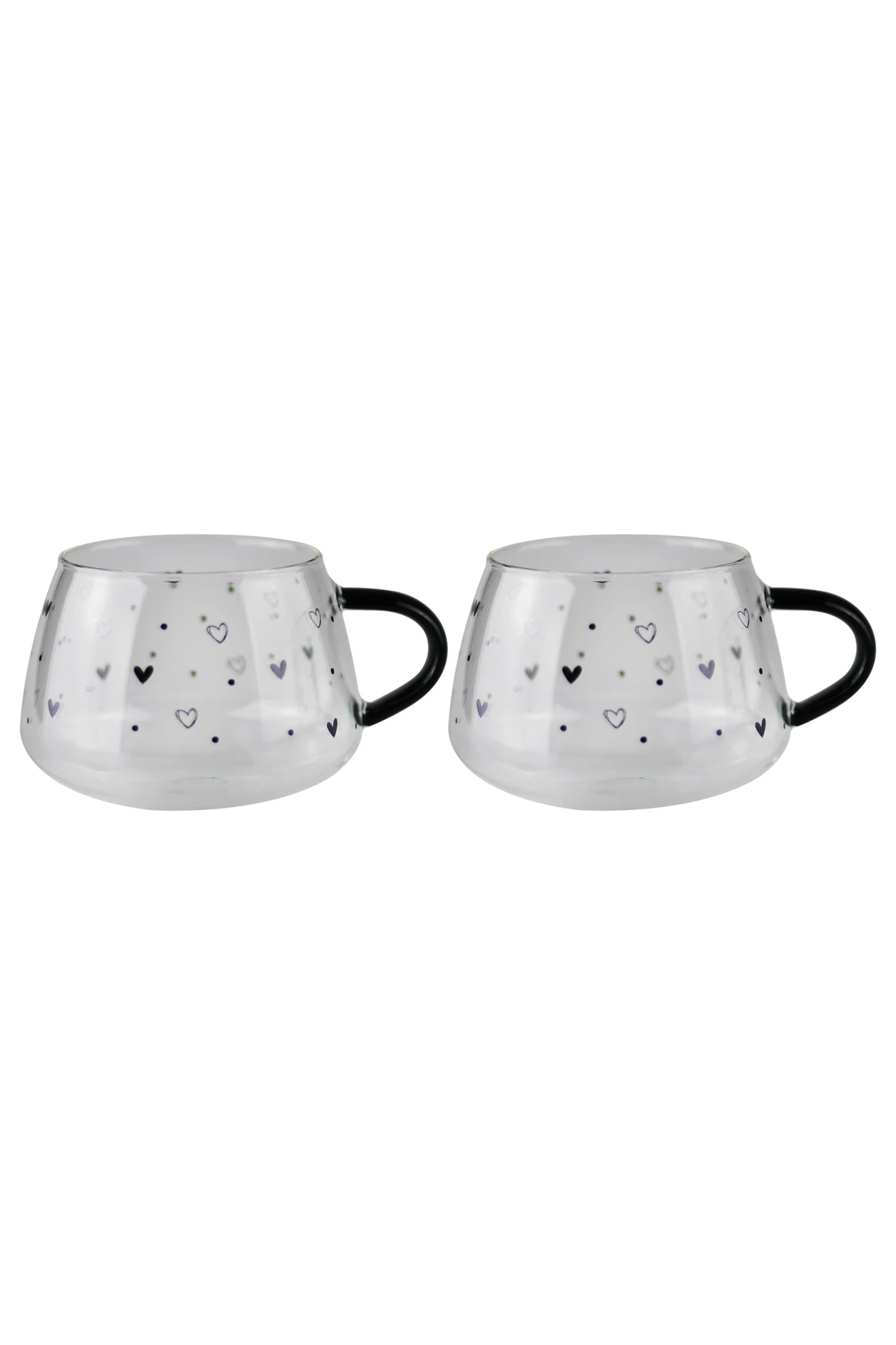 Set Of 2 Short Glass Mugs – Black Handled/Hearts & Dots 1 Set Of 2 Short Glass Mugs – Black Handled/Hearts & Dots