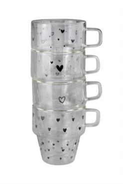 Double Wall Glass Stacking Mugs – Hearts/Black