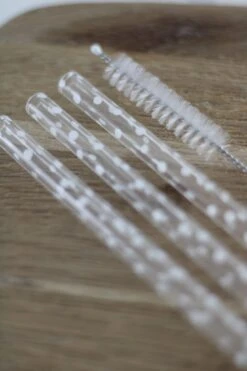 Set Of 4 Glass Straws – White/Polka