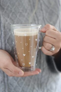 Double Wall Glass Latte Mugs – Hearts And Dots/White