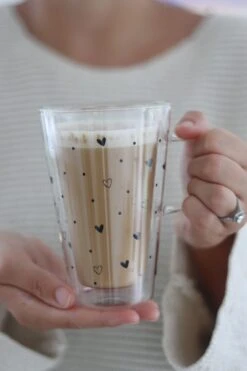 Double Wall Glass Latte Mug – Hearts And Dots/Black